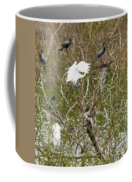Egret At Center of Cormorant Circle - Mug