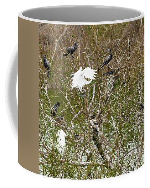 Egret At Center of Cormorant Circle - Mug