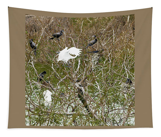 Egret At Center of Cormorant Circle - Tapestry