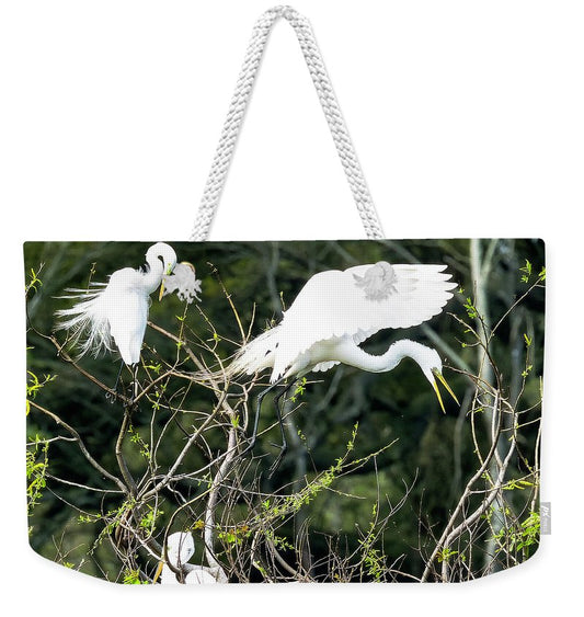 Egrets Interacting On High Island Texas - Weekender Tote Bag
