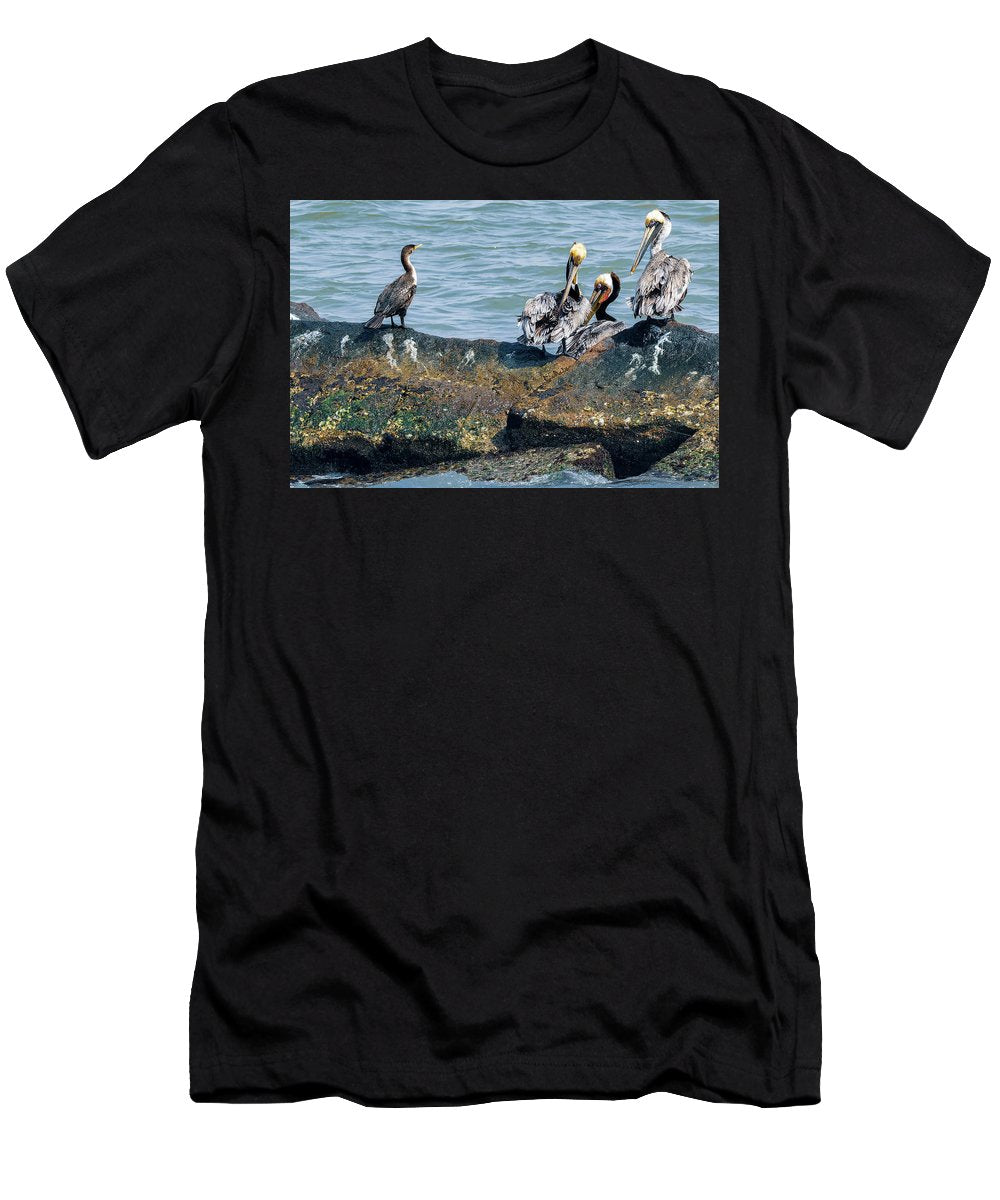 Pelicans And Cormorant On Jetty - T-Shirt
