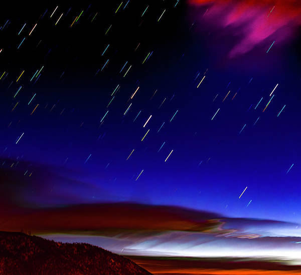 Star Trails And Dawn Clouds Over Hills - Art Print