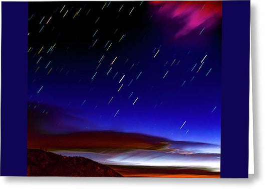 Star Trails And Dawn Clouds Over Hills - Greeting Card