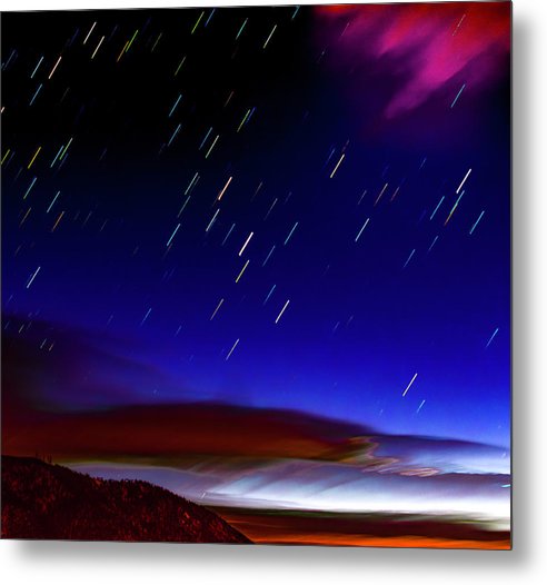 Star Trails And Dawn Clouds Over Hills - Metal Print