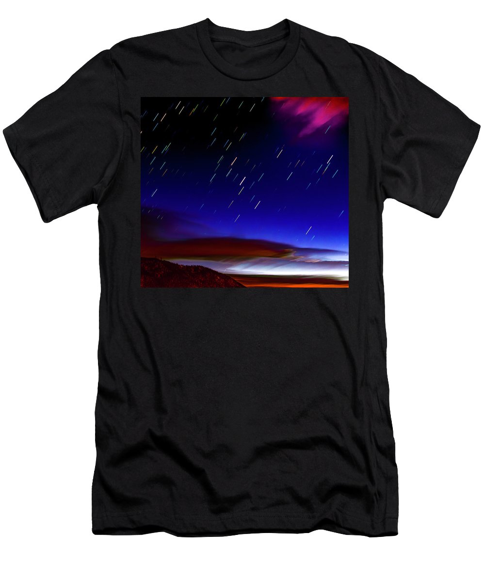 Star Trails And Dawn Clouds Over Hills - T-Shirt