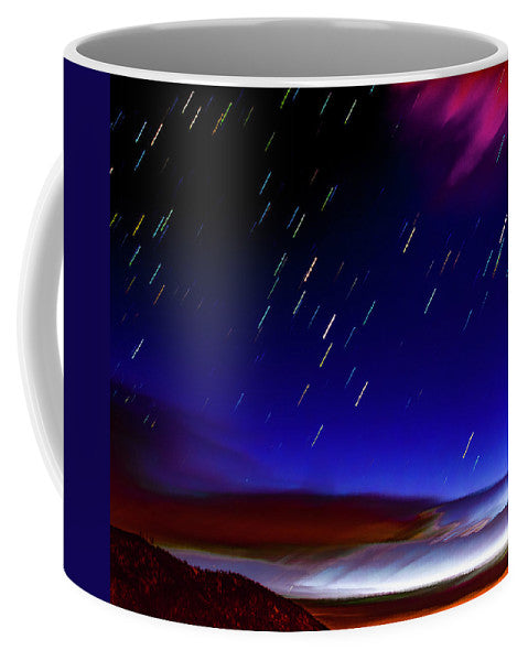 Star Trails And Dawn Clouds Over Hills - Mug