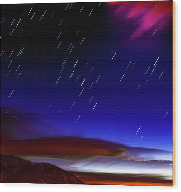 Star Trails And Dawn Clouds Over Hills - Wood Print