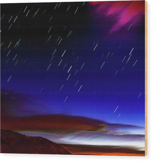 Star Trails And Dawn Clouds Over Hills - Wood Print