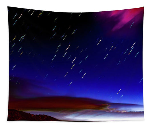 Star Trails And Dawn Clouds Over Hills - Tapestry